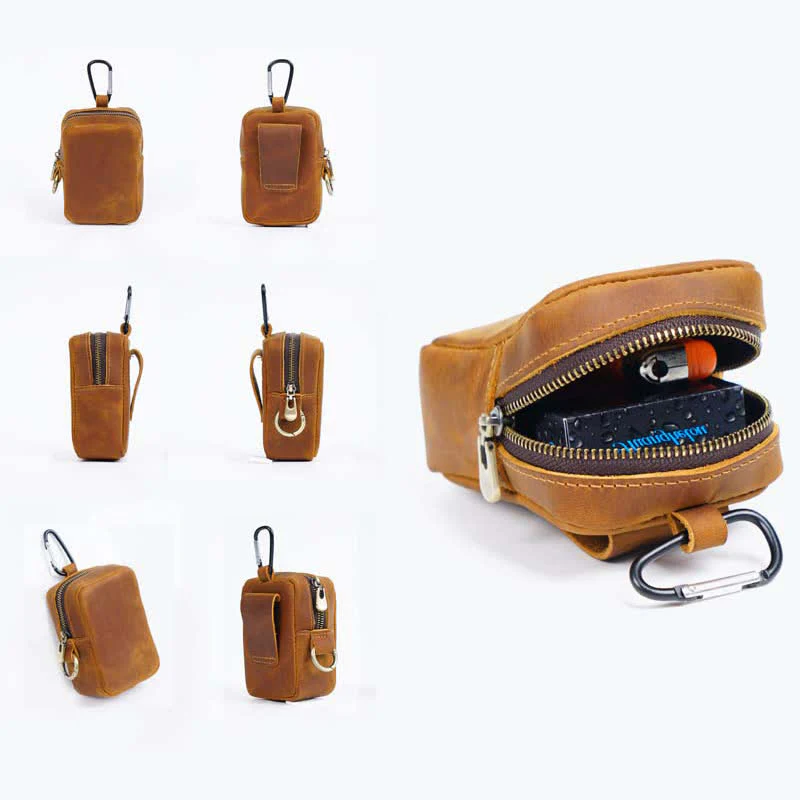 Cube Outdoor Zipper Coin Genuine Leather Mini Belt Bag - Image 7