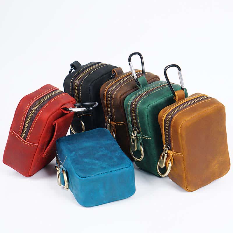 Cube Outdoor Zipper Coin Genuine Leather Mini Belt Bag - Image 9