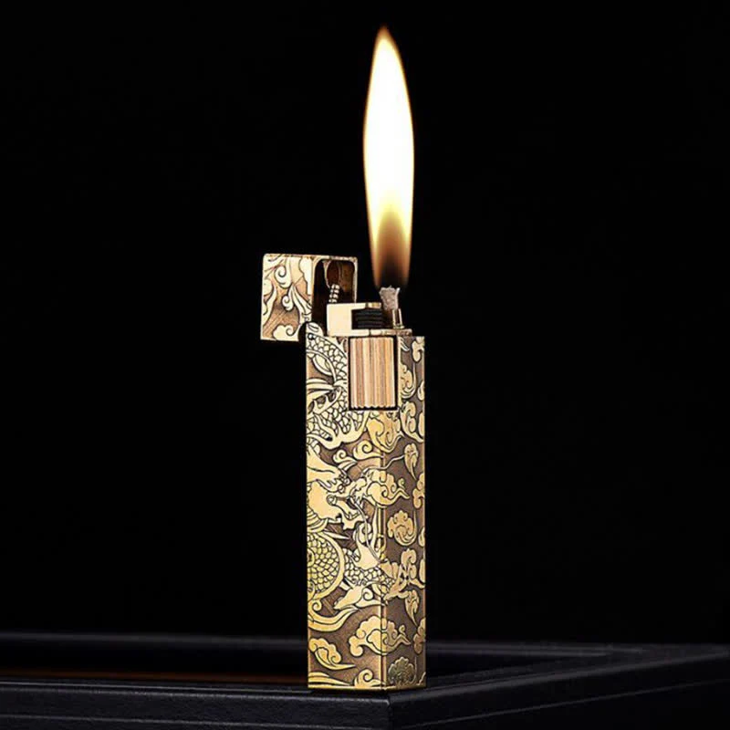 Cube Shape Carved Dragon Brass Refillable Kerosene Lighter - Image 2