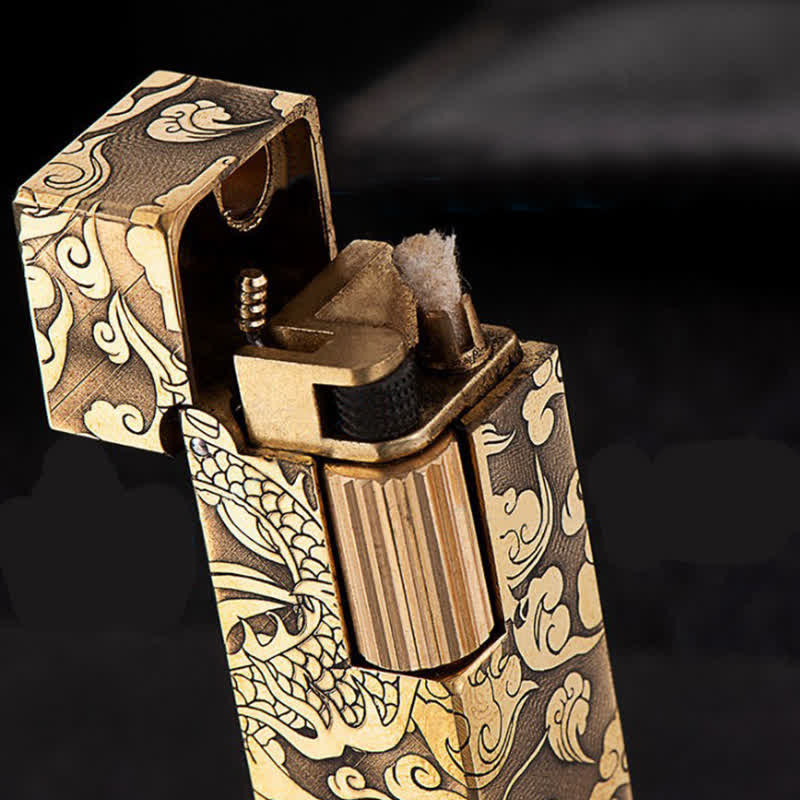 Cube Shape Carved Dragon Brass Refillable Kerosene Lighter - Image 3