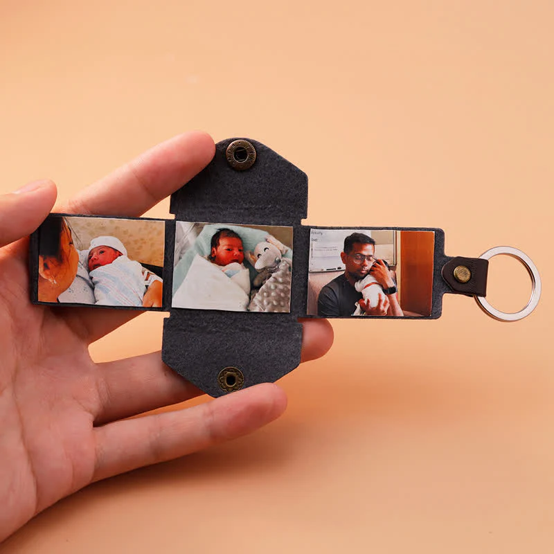 Custom 3 Photo Carved Text Brown Leather Keychain