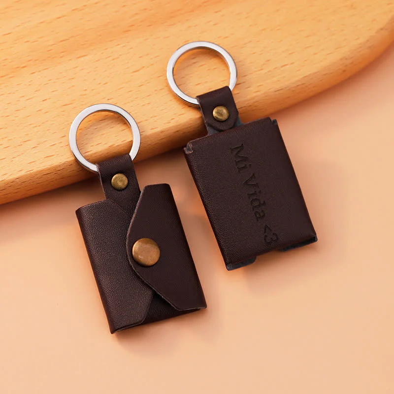 Custom 3 Photo Carved Text Brown Leather Keychain - Image 2