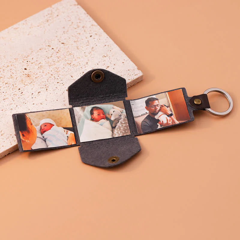 Custom 3 Photo Carved Text Brown Leather Keychain - Image 3
