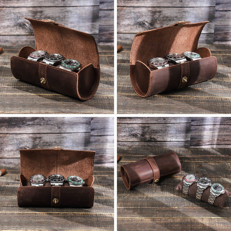 Custom Engraving Three Watch Roll Travel Leather Watch Case - Image 7