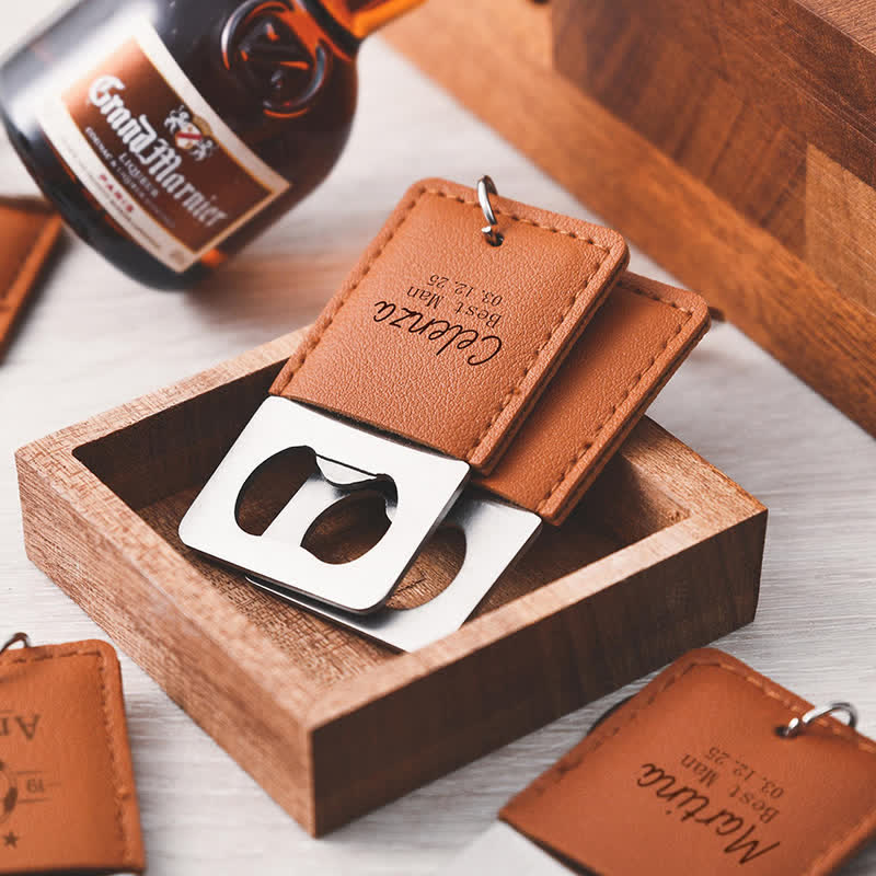 Custom Groomsmen Gift Bottle Opener Leather Keychain - Image 2