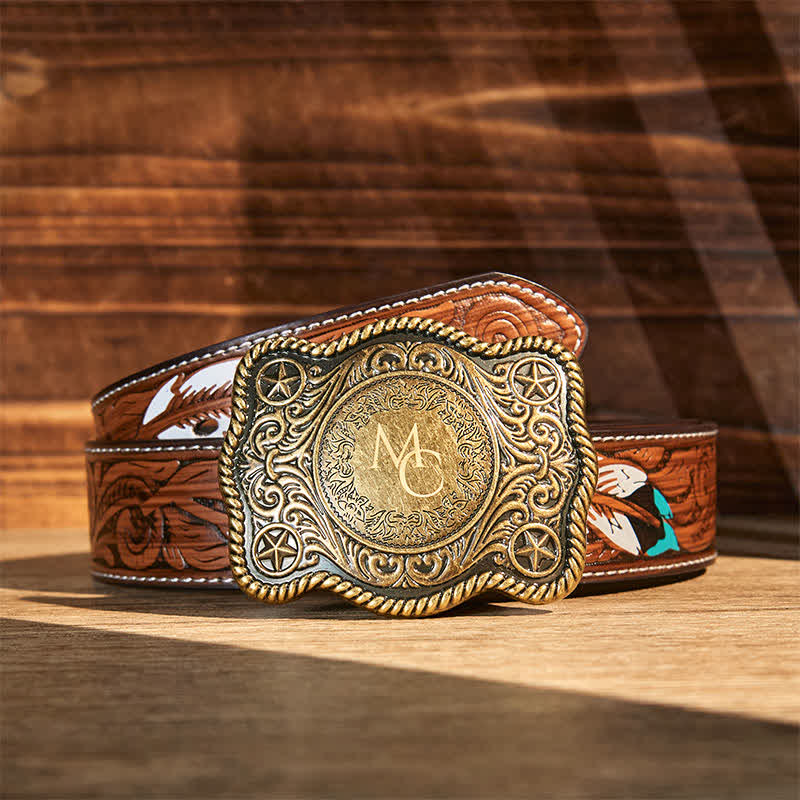 Custom Monogram Name DIY Carved Western Buckle Leather Belt - Image 11
