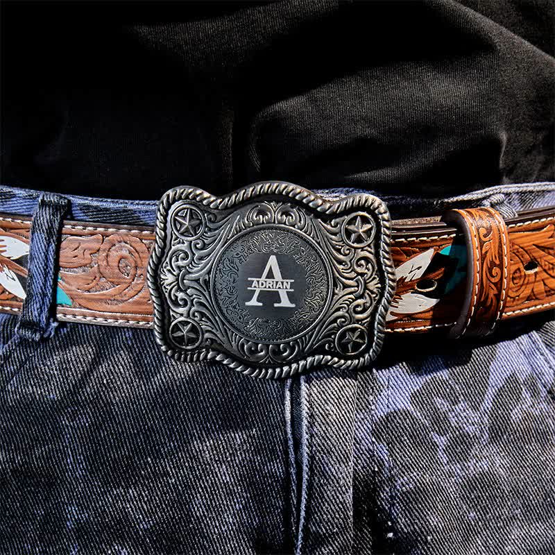 Custom Monogram Name DIY Carved Western Buckle Leather Belt - Image 13