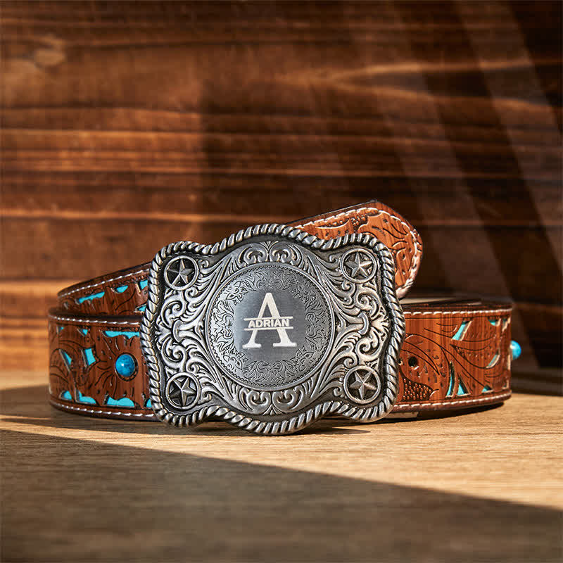 Custom Monogram Name DIY Carved Western Buckle Leather Belt - Image 17
