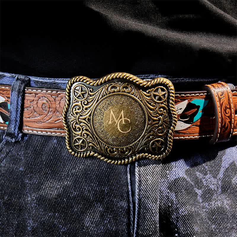 Custom Monogram Name DIY Carved Western Buckle Leather Belt - Image 2