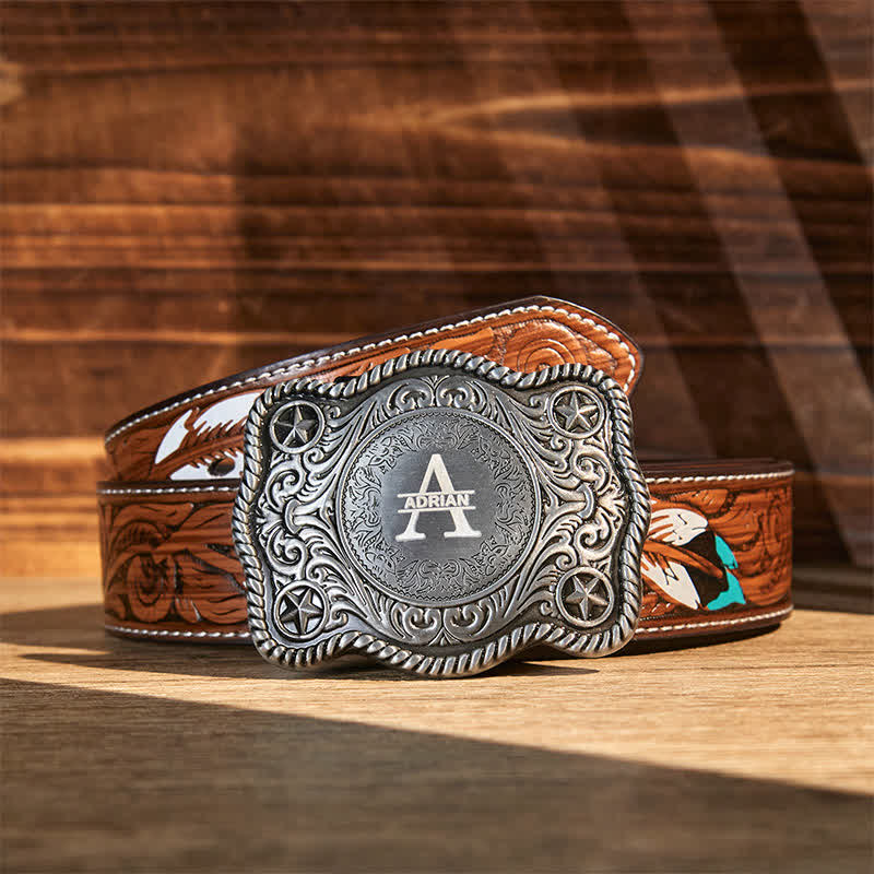 Custom Monogram Name DIY Carved Western Buckle Leather Belt - Image 21
