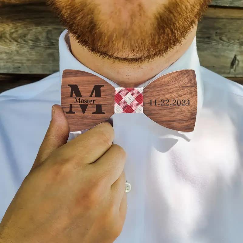 Custom Name Men's Engraved Wedding Wooden Bow Tie - Image 3