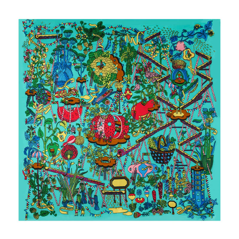 Cyan Botanical Paradise Square Scarf with Scarf Buckle - Image 2