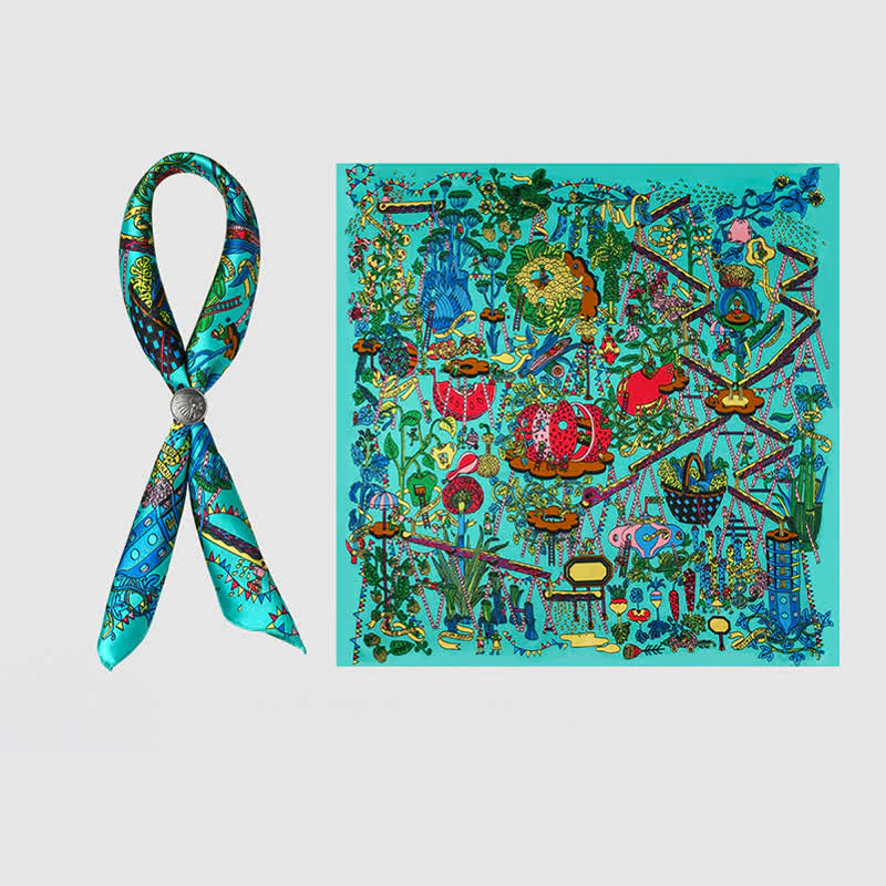 Cyan Botanical Paradise Square Scarf with Scarf Buckle - Image 4