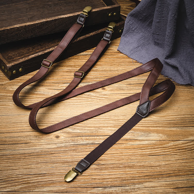 Dark Brown Vintage Adjustable Leather Suspenders - Image 3