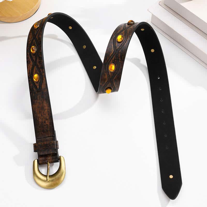 Dark Coffee Bright Gemstone Rivets Leather Belt - Image 2
