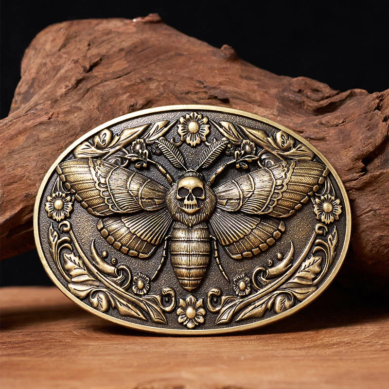 Dark Elegance Skull-Headed Moth Buckle Leather Belt