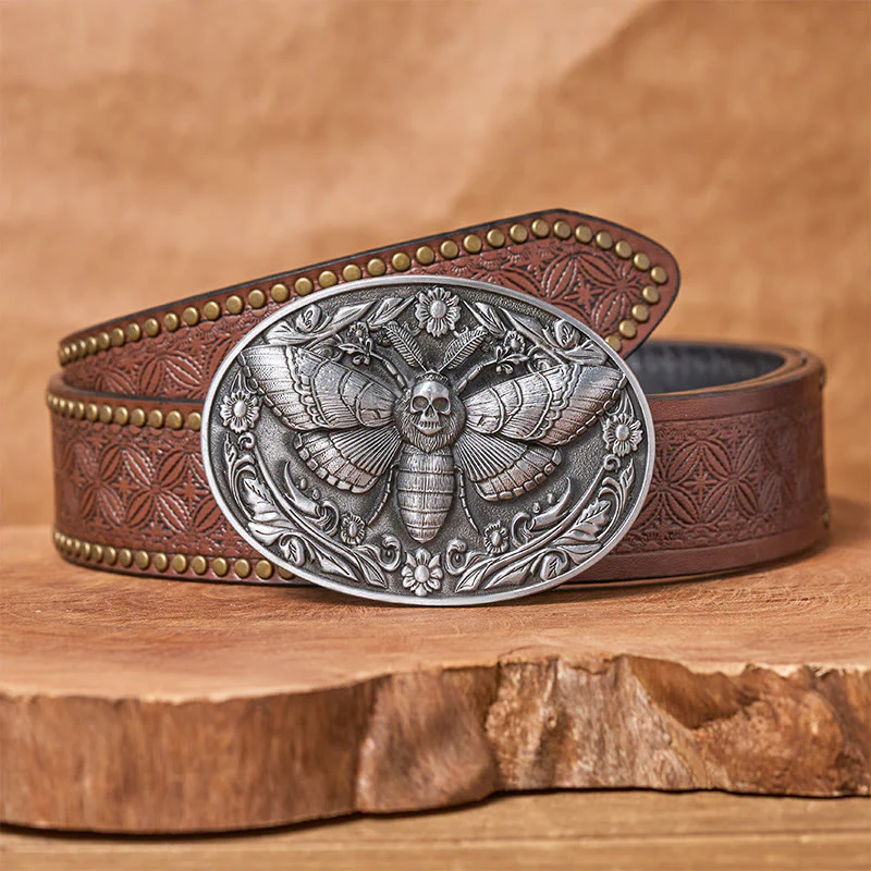 Dark Elegance Skull-Headed Moth Buckle Leather Belt - Image 13