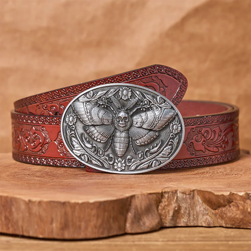 Dark Elegance Skull-Headed Moth Buckle Leather Belt - Image 15