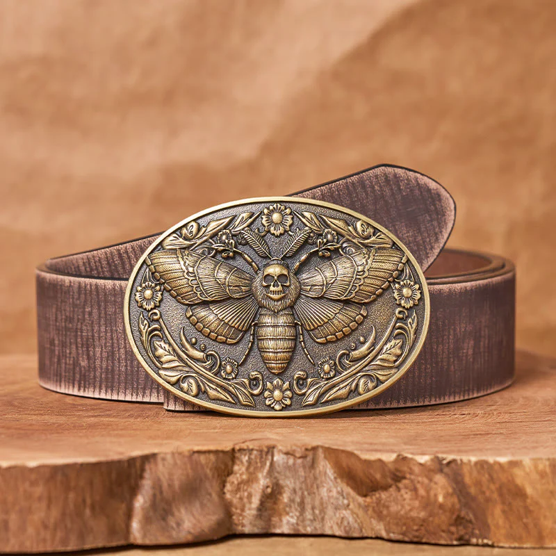 Dark Elegance Skull-Headed Moth Buckle Leather Belt - Image 6