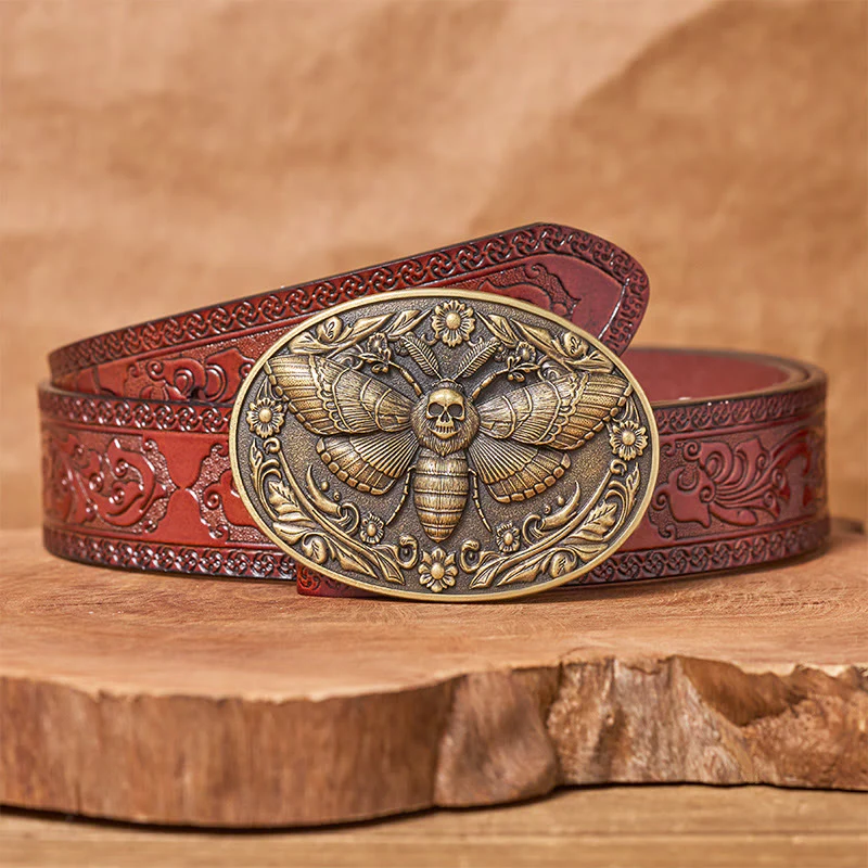 Dark Elegance Skull-Headed Moth Buckle Leather Belt - Image 7