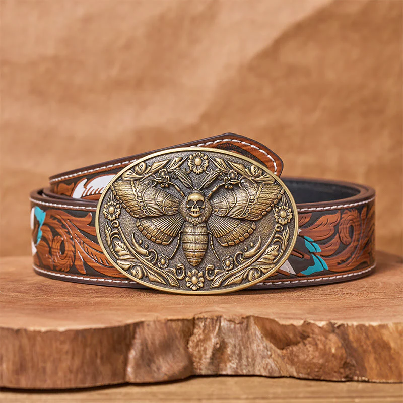 Dark Elegance Skull-Headed Moth Buckle Leather Belt - Image 8