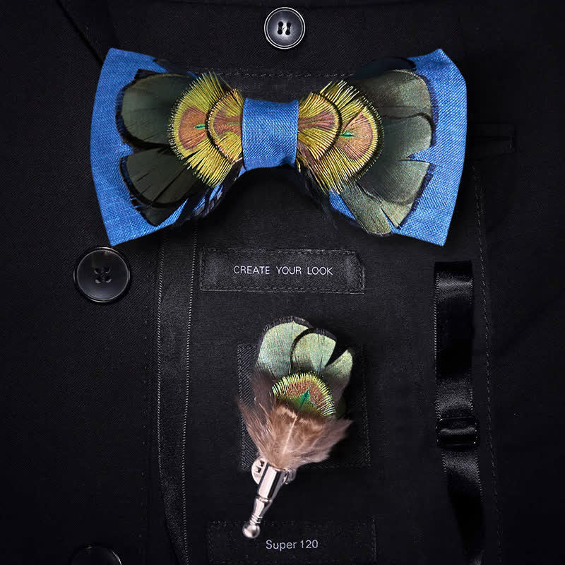 Dark Green & Blue Flax Peacock Feather Bow Tie