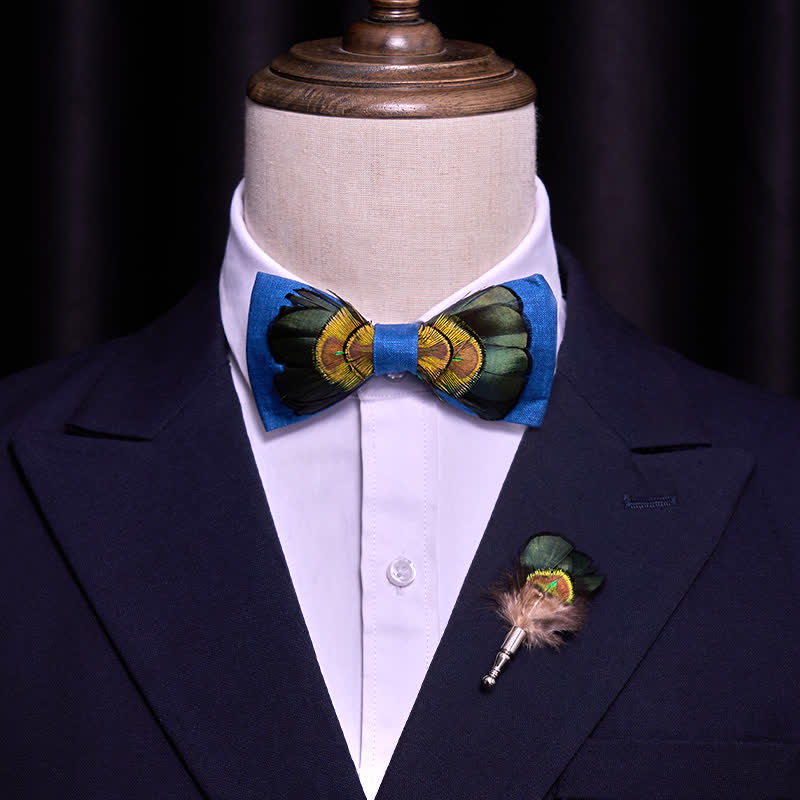 Dark Green & Blue Flax Peacock Feather Bow Tie - Image 2