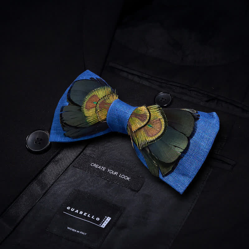 Dark Green & Blue Flax Peacock Feather Bow Tie - Image 3