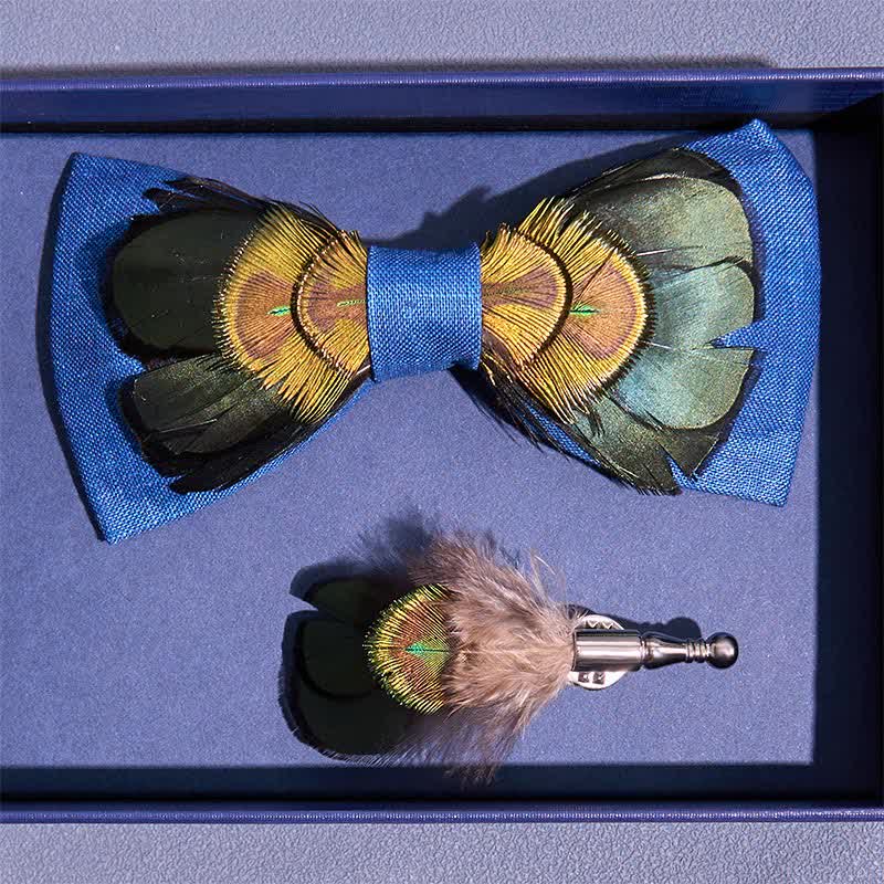 Dark Green & Blue Flax Peacock Feather Bow Tie - Image 4