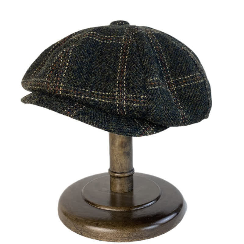 Dark Green Retro Plaid British Painters Octagonal Beret Hat - Image 2