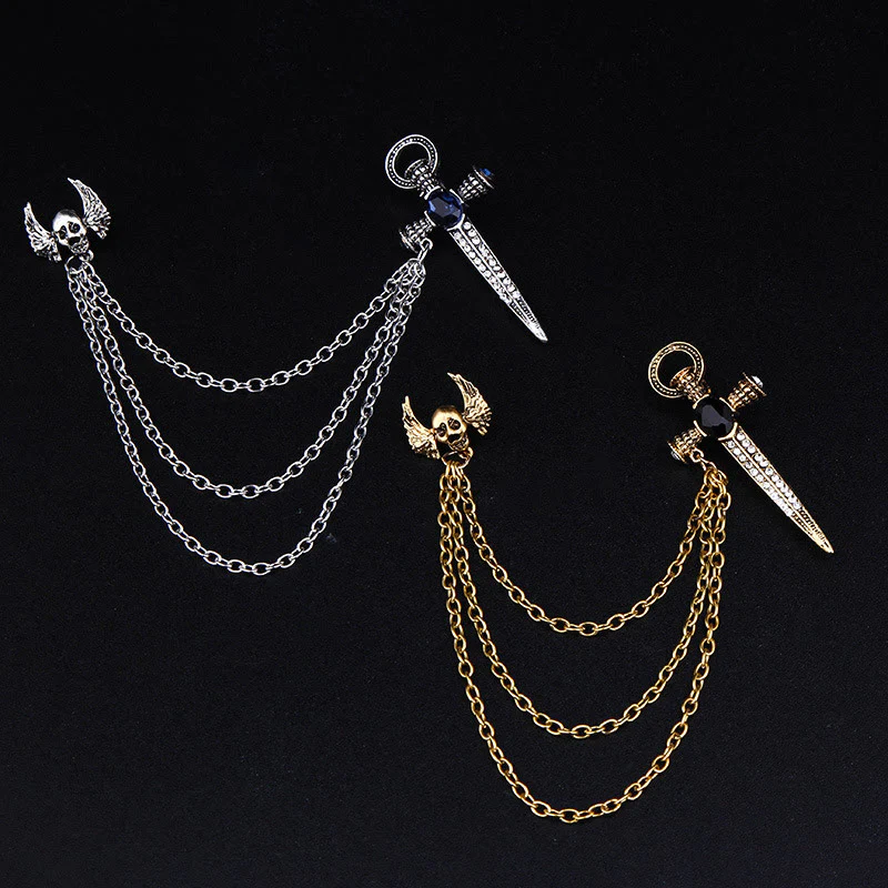 Dark Punk Skull-Wing and Dagger Dual-Style Multi-Chain Brooch