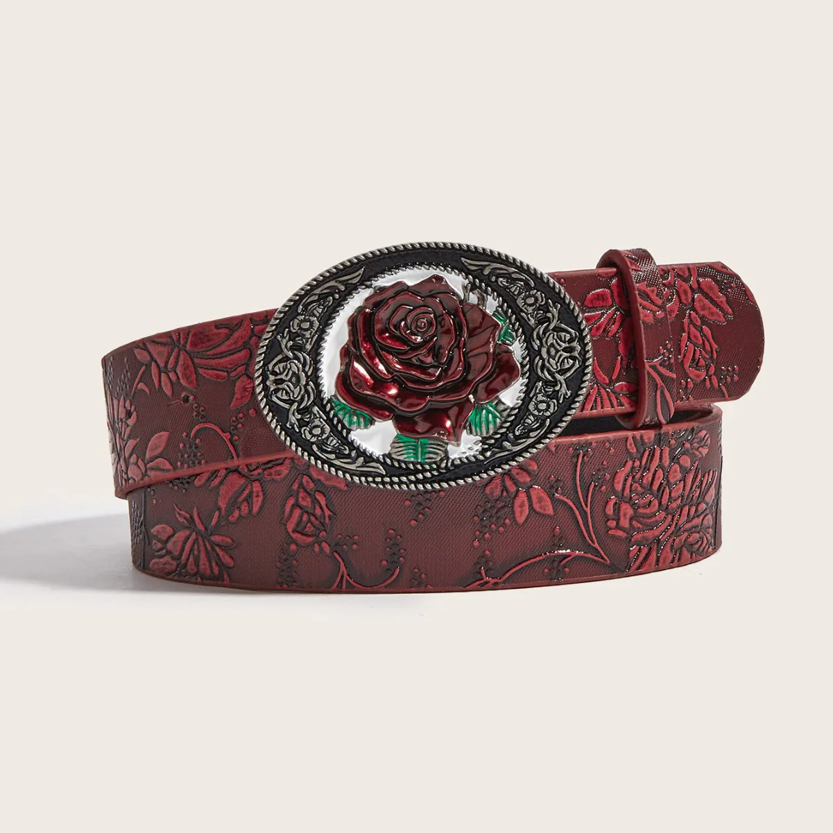 Dark Romantic Red Rose Embossed Leather Belt