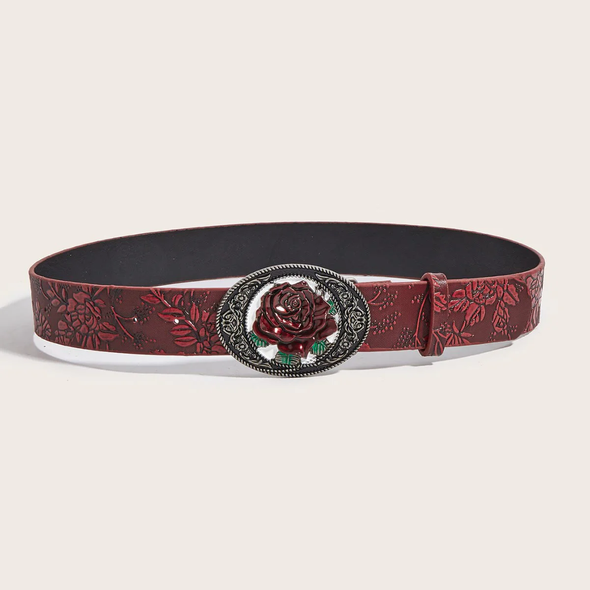 Dark Romantic Red Rose Embossed Leather Belt - Image 3