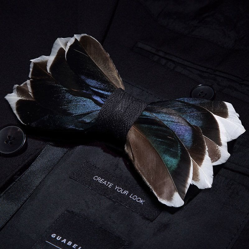 DarkBlue & Brown Graceful Feather Bow Tie with Lapel Pin - Image 2