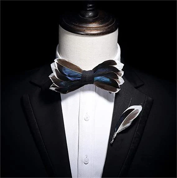 DarkBlue & Brown Graceful Feather Bow Tie with Lapel Pin - Image 3