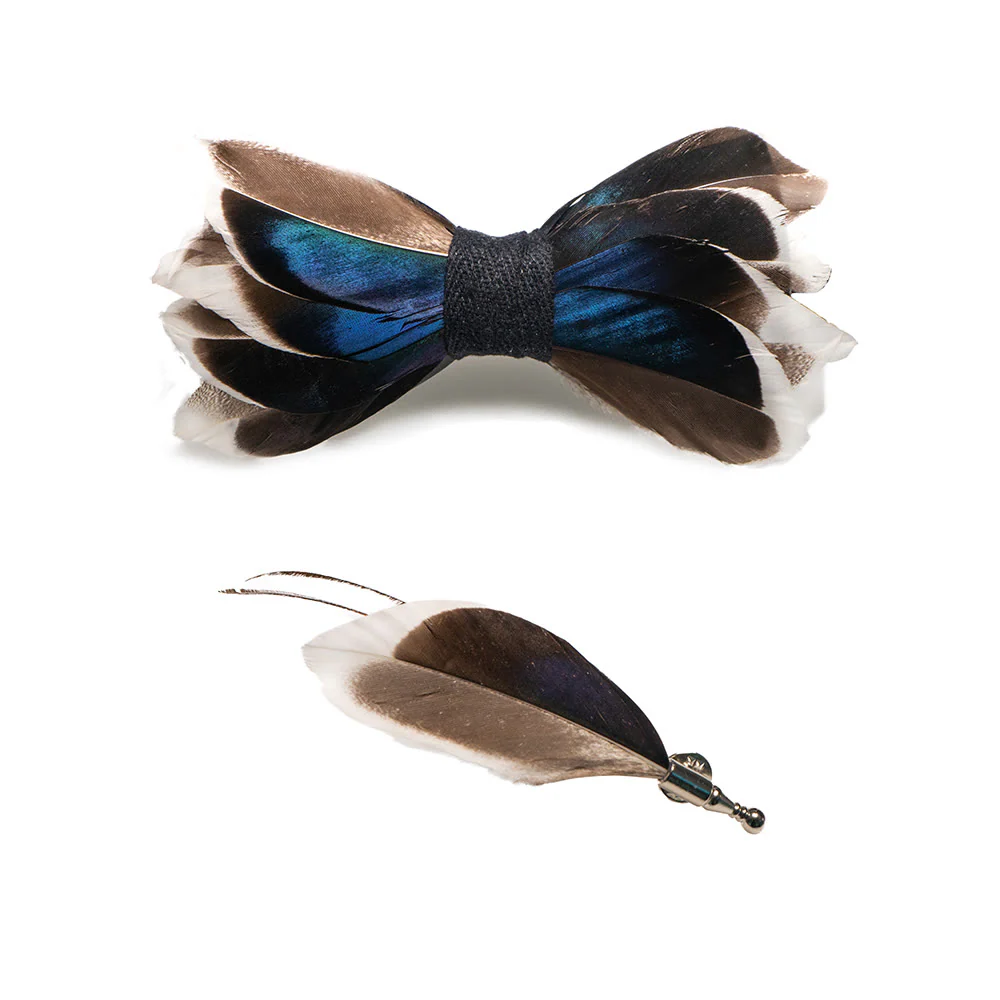 DarkBlue & Brown Graceful Feather Bow Tie with Lapel Pin - Image 4