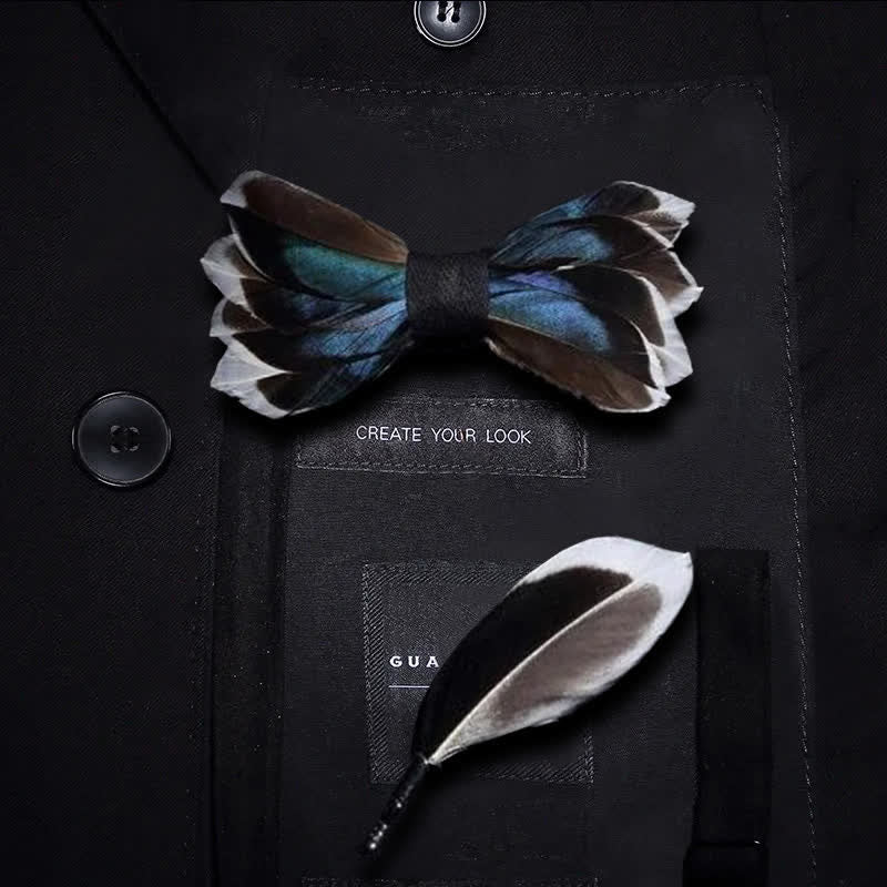 DarkBlue & Brown Graceful Feather Bow Tie with Lapel Pin - Image 6