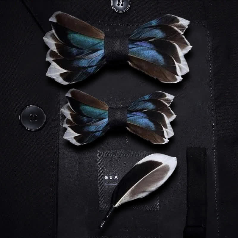 DarkBlue & Brown Graceful Feather Bow Tie with Lapel Pin - Image 7