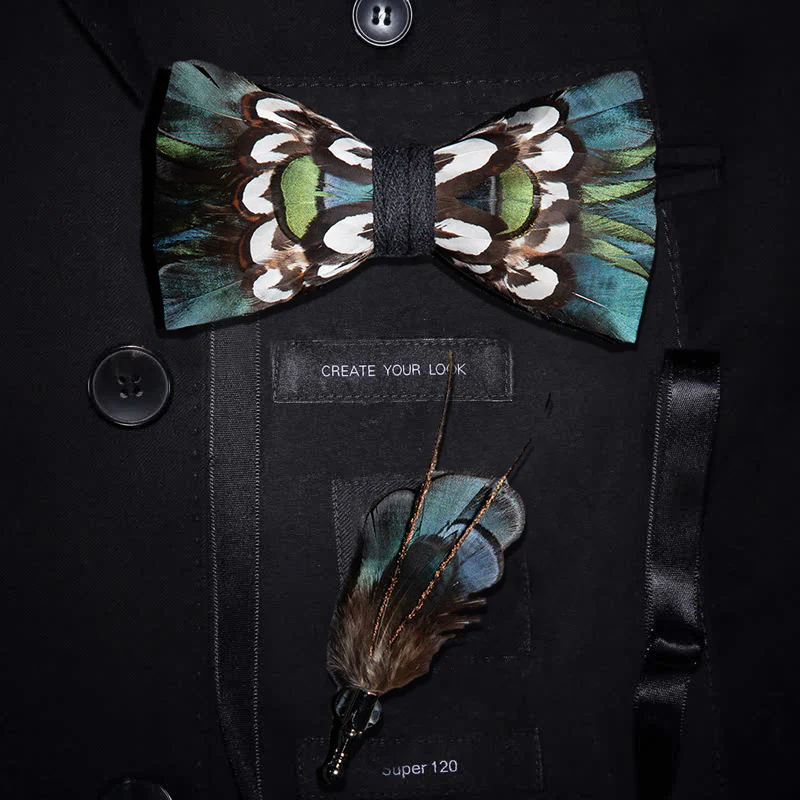 DarkCyan Teal Feather Bow Tie with Lapel Pin