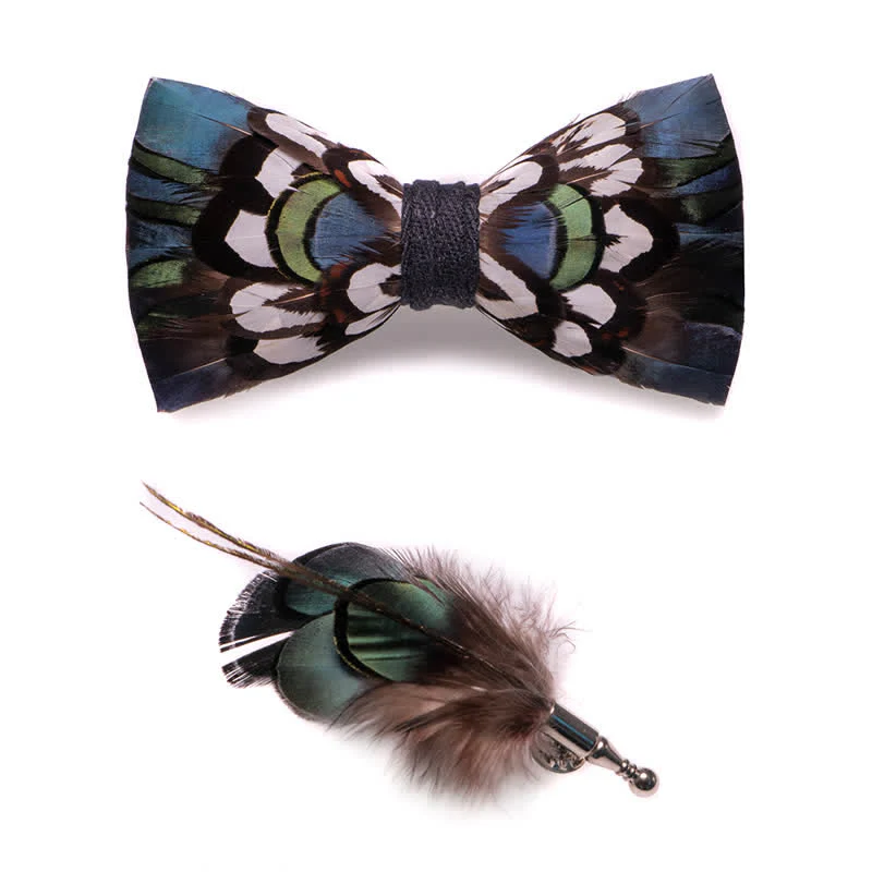 DarkCyan Teal Feather Bow Tie with Lapel Pin - Image 4
