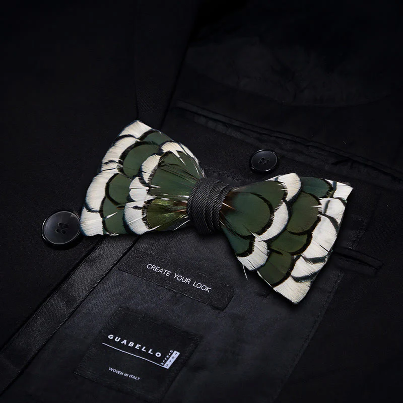 DarkGreen & White Layered Feather Bow Tie with Lapel Pin - Image 3