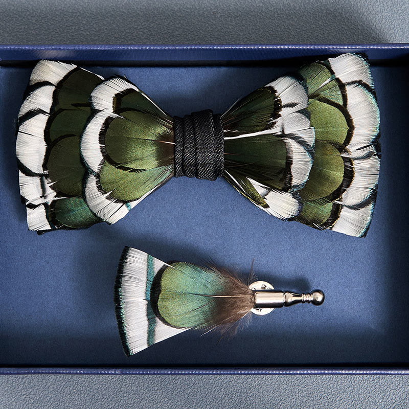 DarkGreen & White Layered Feather Bow Tie with Lapel Pin - Image 4