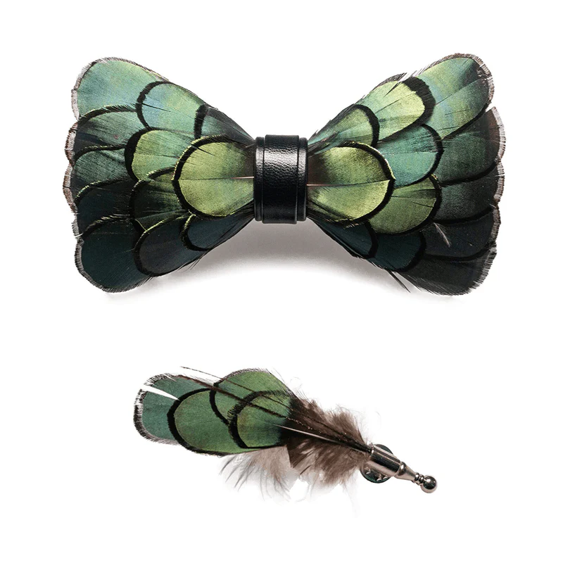 DarkOliveGreen Classic Feather Bow Tie with Lapel Pin - Image 4