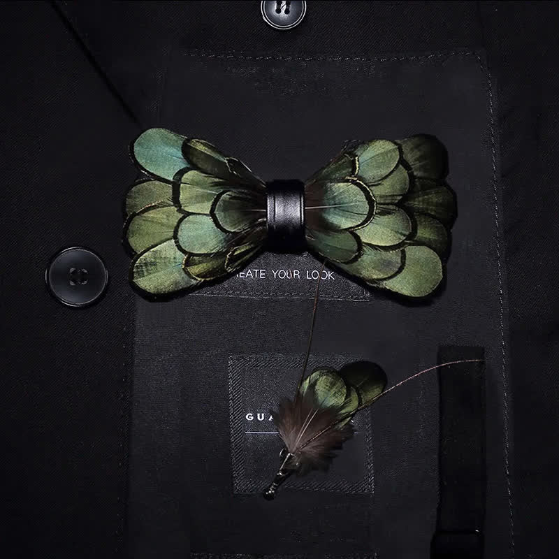 DarkOliveGreen Classic Feather Bow Tie with Lapel Pin - Image 6