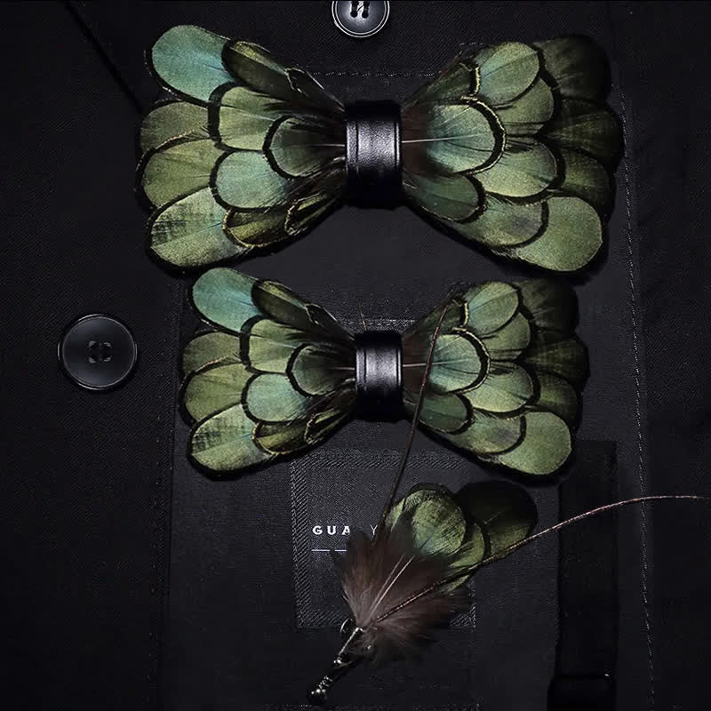 DarkOliveGreen Classic Feather Bow Tie with Lapel Pin - Image 7