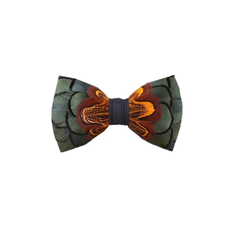 DarkSeaGreen & Rust Feather Bow Tie with Lapel Pin - Image 3