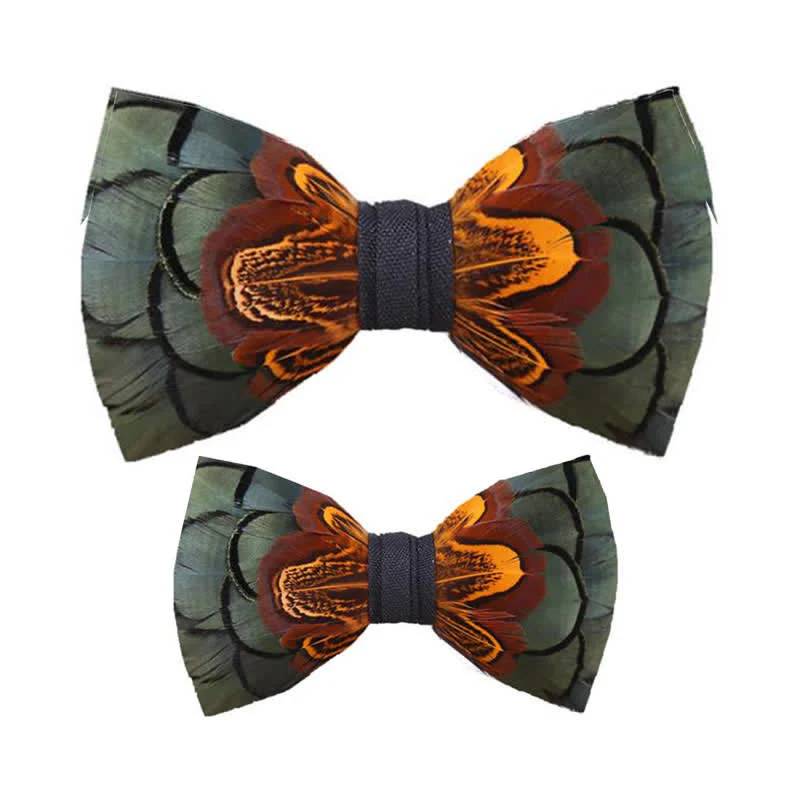 DarkSeaGreen & Rust Feather Bow Tie with Lapel Pin - Image 4