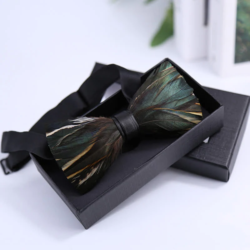 DarkSlateGray Feather Bow Tie with Lapel Pin - Image 3