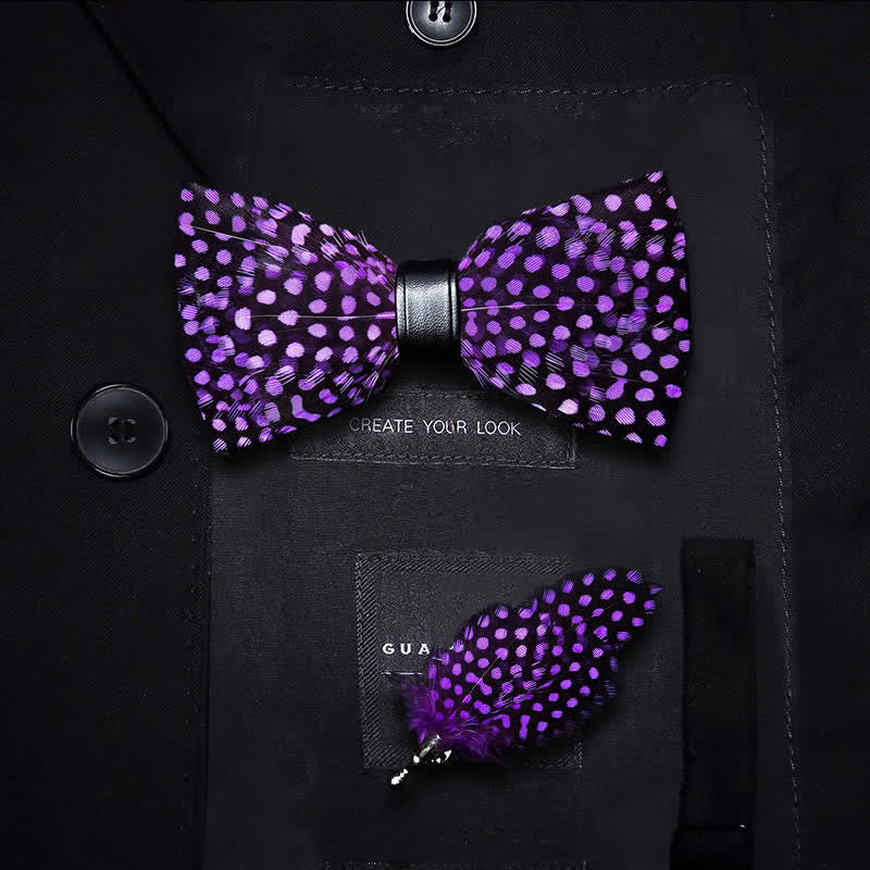 DarkViolet White Polka Dots Feather Bow Tie with Lapel Pin - Image 5