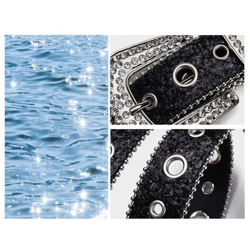 Dazzling Sequin Rhinestone Buckle Leather Belt - Image 2